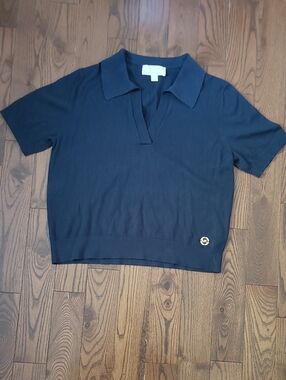 Michael Kors Navy Short-Sleeve Polo Knit Top with Gold MK Emblem Size L